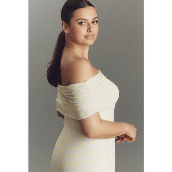 AFRM NWT Zamora Off Shoulder Mesh Midi Dress in Sun Dot Yellow Size XL - Picture 10 of 10